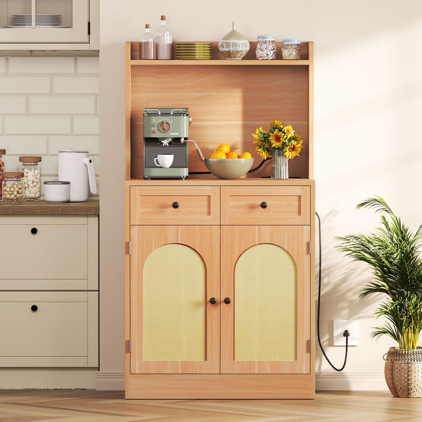 YITAHOME Yellow Oak Kitchen Hutch with Rattan Design, Coffee Bar Cabinet & Storage Solutions - Includes Power Outlet and Adjustable Shelves - WoodArtSupply