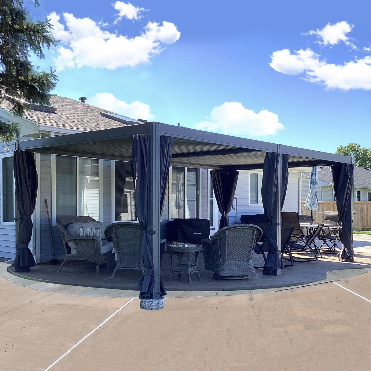 Domi Outdoor Louvered Pergola 12x20FT Full Aluminum Structure,Patio Rainproof Pergola with Two Independently Adjustable Roof for Patio Backyard Garden w/Curtains and Netting - Dark Gray domi outdoor living