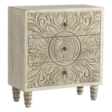 COZAYH 3-Drawer Bedroom Dresser with Carved Floral Front, Distressed Weathered White Finish – Rustic, Boho, French Country, Farmhouse Nightstand with Smooth Glide Storage Drawers COZAYH