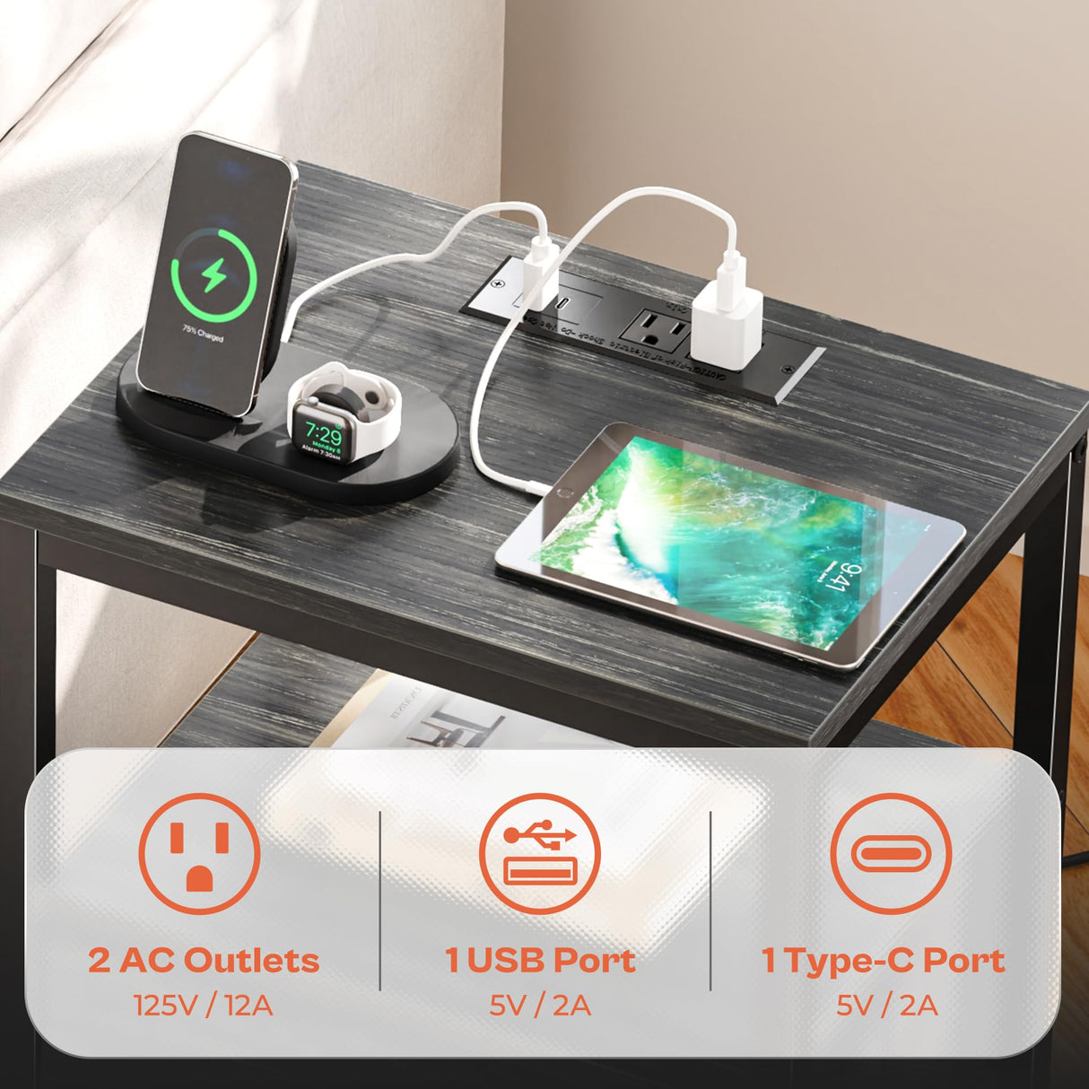 SUPERJARE Nightstand with Charging Station, Bed Side Table with Adjustable Fabric Drawer, Night Stand for Bedroom, 3-Tier Storage End Table, for Living Room, Charcoal Black Wood Grain Print SUPERJARE