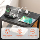 SUPERJARE Nightstand with Charging Station, Bed Side Table with Adjustable Fabric Drawer, Night Stand for Bedroom, 3-Tier Storage End Table, for Living Room, Charcoal Black Wood Grain Print SUPERJARE