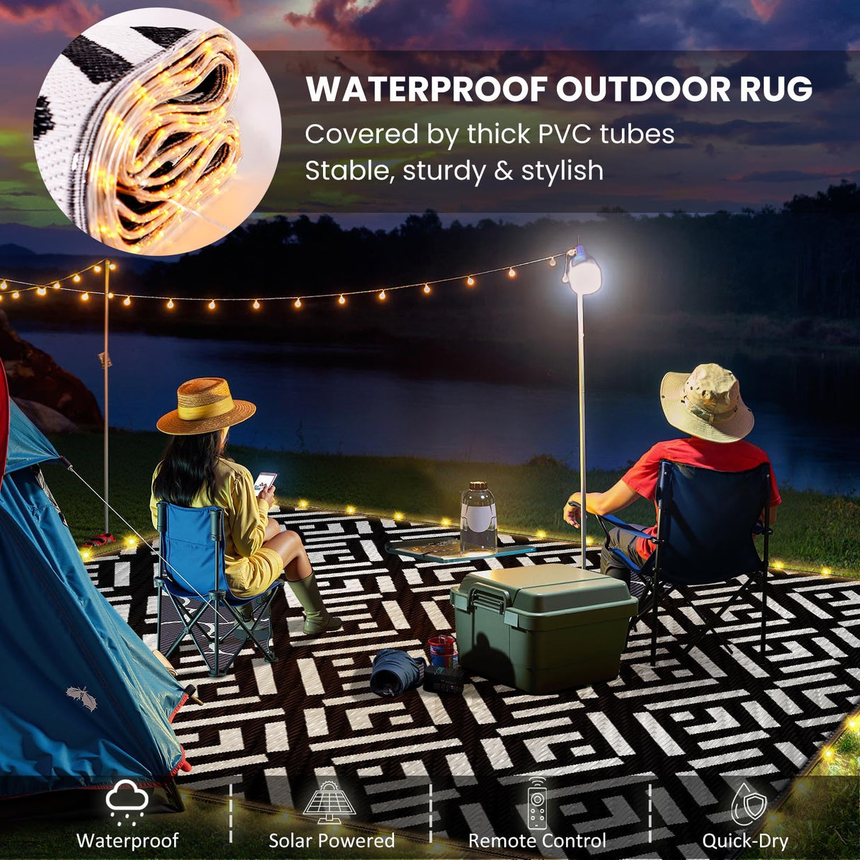 Outdoor Rug 6x9Ft, Solar Powered Outdoor Camping Rug with 94LEDs Strip Lights, Waterproof Plastic Reversible Outdoor Straw Rugs, Rugs Mat for RV Camping Patio Beach Balcony House Deck Picnic carpopo