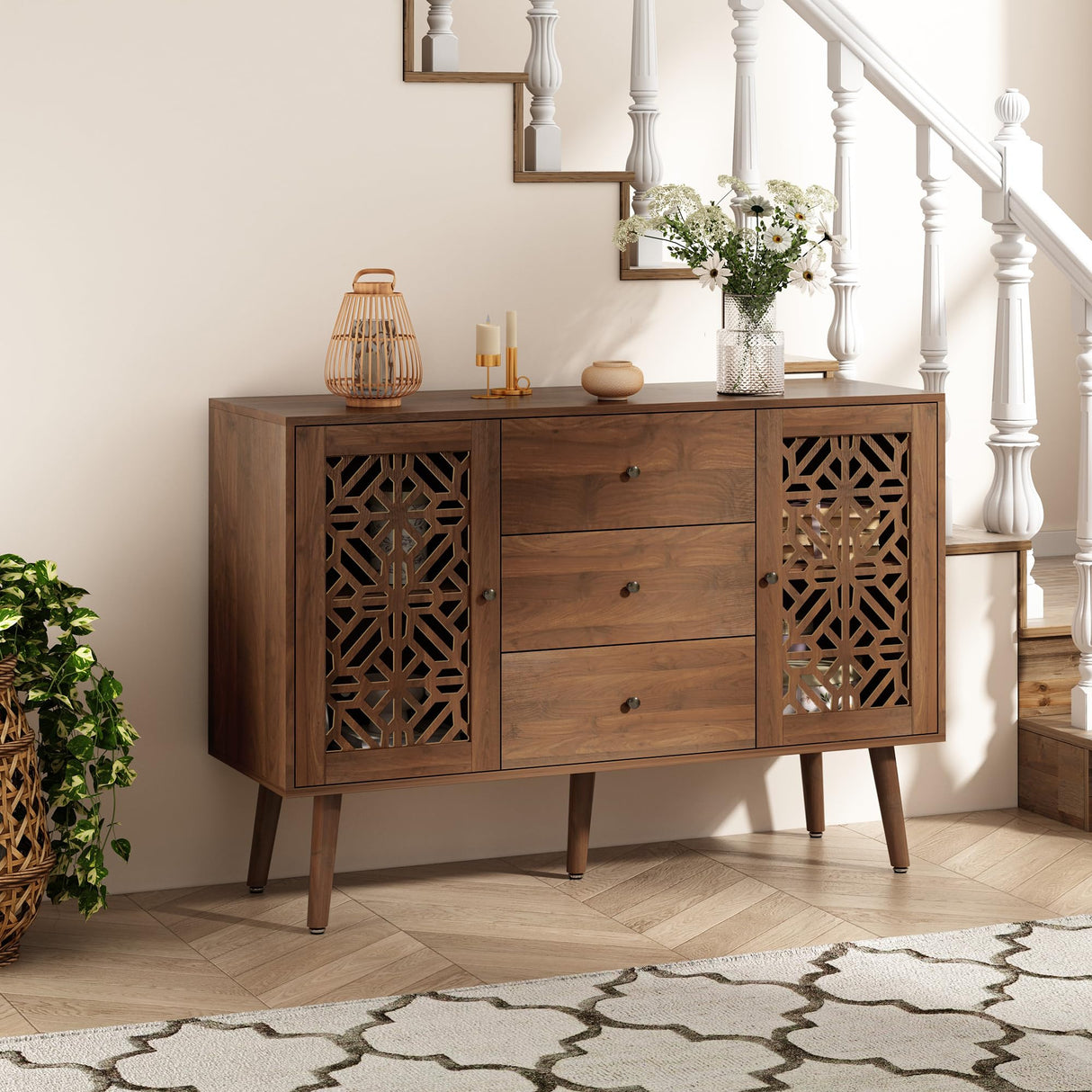 ARTPOWER 48" Hollow-Carved Accent Cabinet with Drawers, Retro Sideboard Buffet Cabinet with 3 Drawers and Storage Doors, Sideboard Credenzas for Living Room, Dining Room, Hallway ARTPOWER