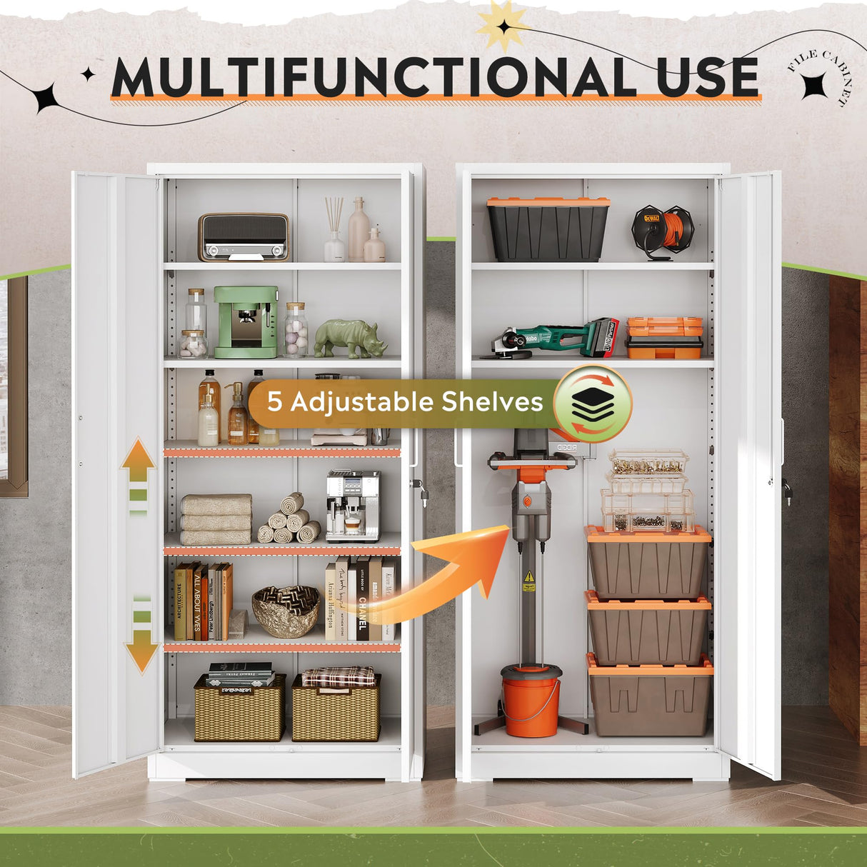 DEVAISE Garage Storage Cabinet, Metal Storage Cabinet with 2 Doors and 5 Adjustable Shelves, 71'' Lockable Steel File Cabinet, White Storage Cabinet for Home, Office, Garage, Shool, Gym DEVAISE