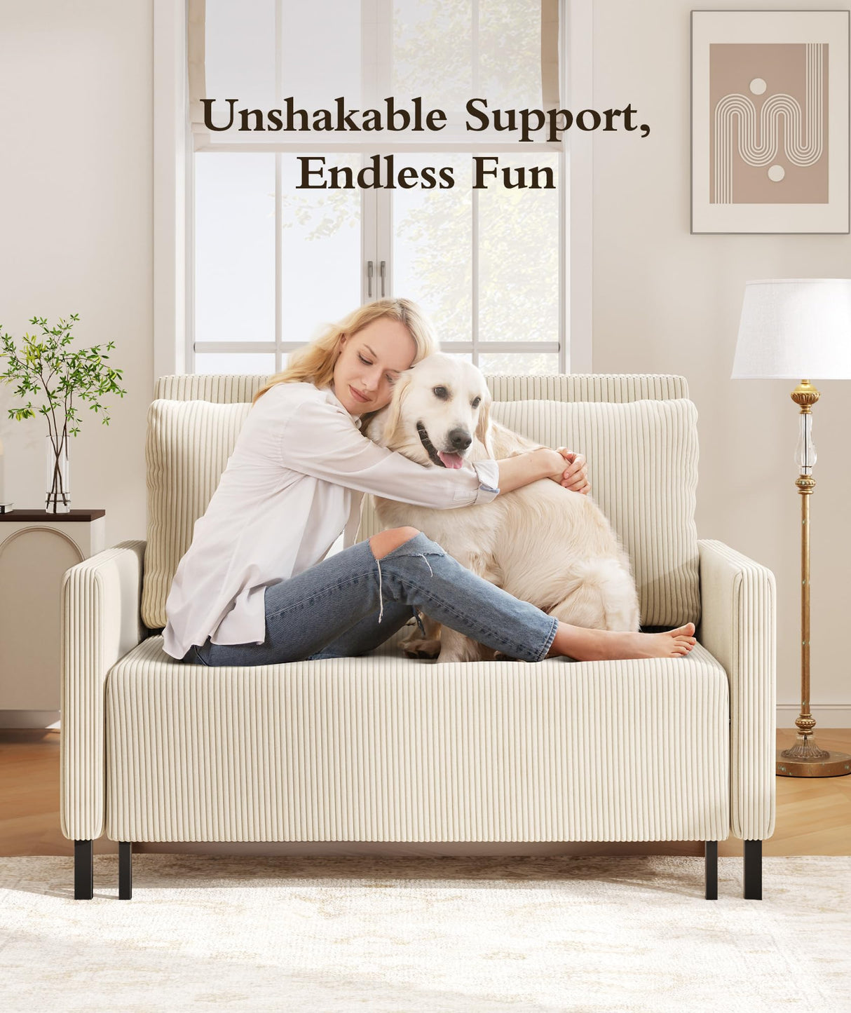 Corduroy Convertible Sofa Bed, 47" Loveseat Sleeper Sofa, Pull out Couch 618lbs Capacity, Modern Sleeper Couch Bed 2 Fluffy Pillows Included, Small Couches for Small Spaces/Apartment/Office, Beige Domusensus