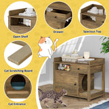 Cat Litter Box Enclosure Furniture,Llitter Box Enclosure with Shelves and Scratcher,Wooden Cat Litter Cabinet with Drawer,Cat Furniture Litter Box Lomojo