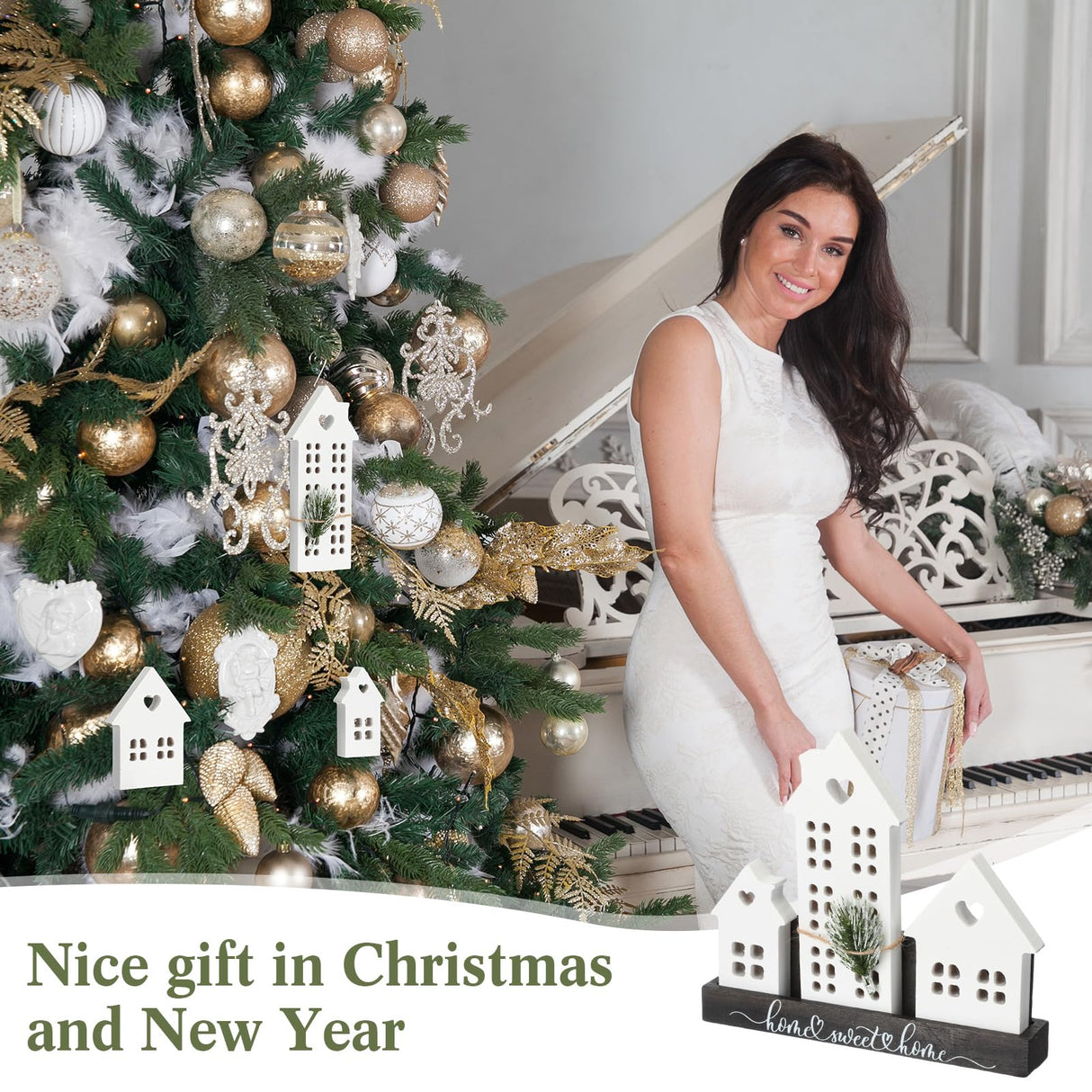 Yousoontic 1 Set White Village Houses Wooden Farmhouse Decorations Home Sweet Tabletop Decor Sign for welcome Centerpieces House Warming Gifts New Home Couple Yousoontic