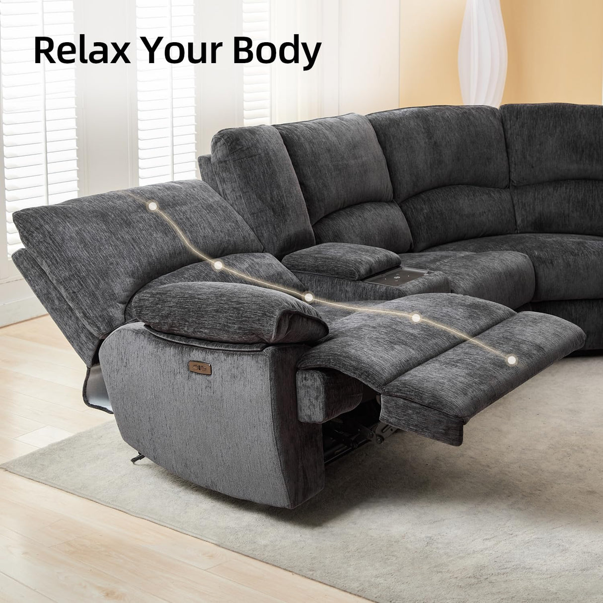 Oversized Power Reclining Sectional Sofa with Wireless Charging, Modern Electric Recliner 5 Seater Sofa, Family-Sized Sectional Corner Couch with USB Charging, Thickened Padding, Sturdy Frame, Grey TODRANI