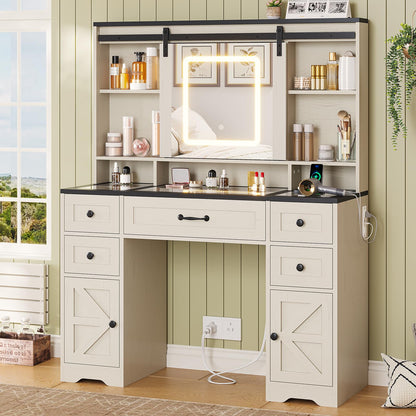 BTHFST Farmhouse Vanity Desk with Sliding Mirror and Lights, Large Makeup Vanity with Glass Top & Charging Station, Vanity Table with 5 Drawers & Shelves & Cabinets, Antique White - WoodArtSupply