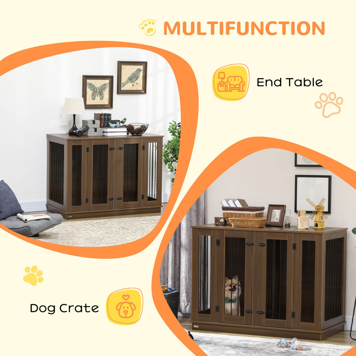PawHut Furniture Style Dog Crate with Removable Divider, Dog Crate Side End Table Indoor with Double Doors, for Small to Large Dogs, 47" x 23.5" x 35", Walnut PawHut