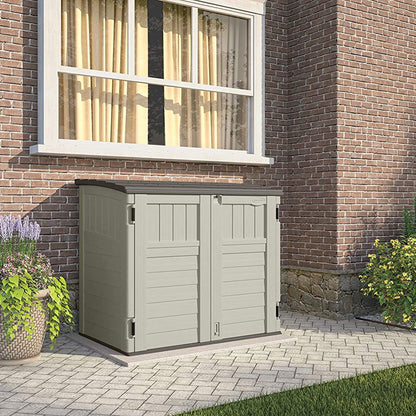 Suncast 34 Cu Ft Capacity Horizontal Outdoor Storage Shed for Garbage Cans, Garden Accessories, Backyard, and Patio Use, Vanilla - WoodArtSupply