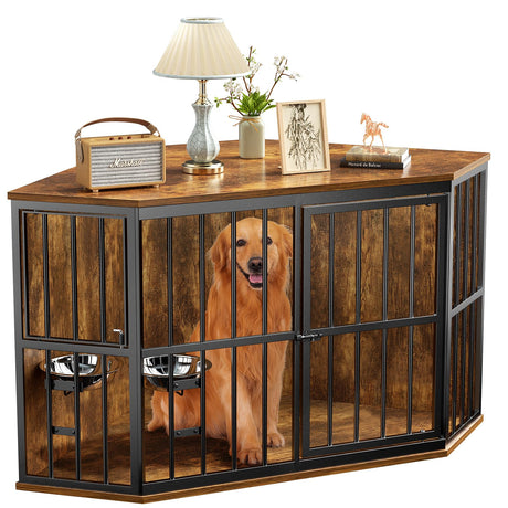 APRILSOUL 53 inch Furniture Dog Crate Corner, Dog Kennel Corner Wooden End Table with Bowl, Indoor Pet Crates Corner Side Table for Dogs, Wide Top Perfect for Limited Room APRILSOUL