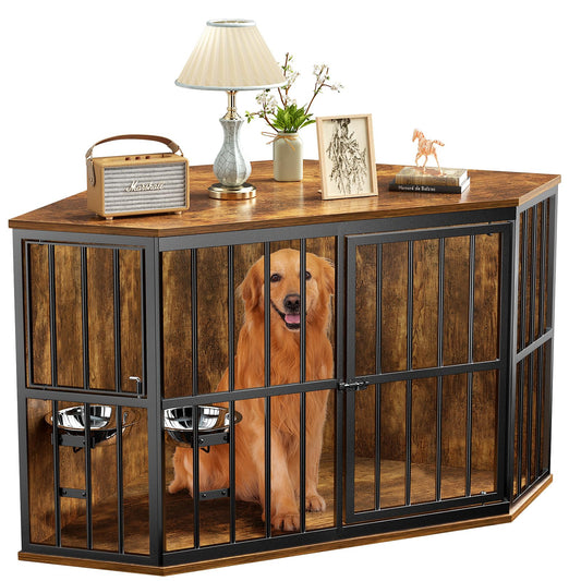 APRILSOUL 53 inch Furniture Dog Crate Corner, Dog Kennel Corner Wooden End Table with Bowl, Indoor Pet Crates Corner Side Table for Dogs, Wide Top Perfect for Limited Room