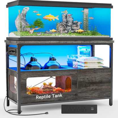 Hyomdeck 55-75 Gallon Fish Tank Stand with LED Light, Aquarium Stand with Outlet and Storage, 49.2" Reptile Terrarium Tank with Lockable Door, Observable Screen and Top Ventilation Mesh, Gray - WoodArtSupply