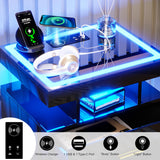 HNEBC Auto LED Nightstand Set of 2, Black Night Stand with Charging Station & USB Ports, High Gloss Bedside Table has 2 Drawers,Modern End Side Table for Bedroom (Black) HNEBC