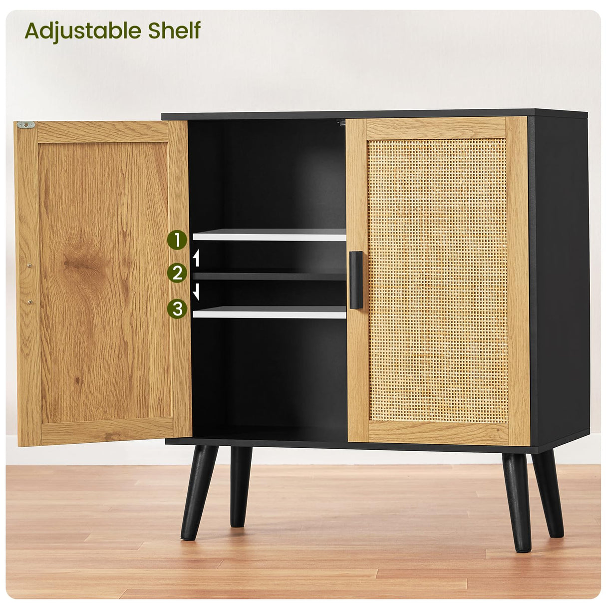 Iwell Storage Cabinet, Rattan Cabinet with Adjustable Shelf & Doors, Buffet Cabinet with Storage, Accent Cabinet for Living Room, Kitchen, Entryway, Natural+ Black Iwell