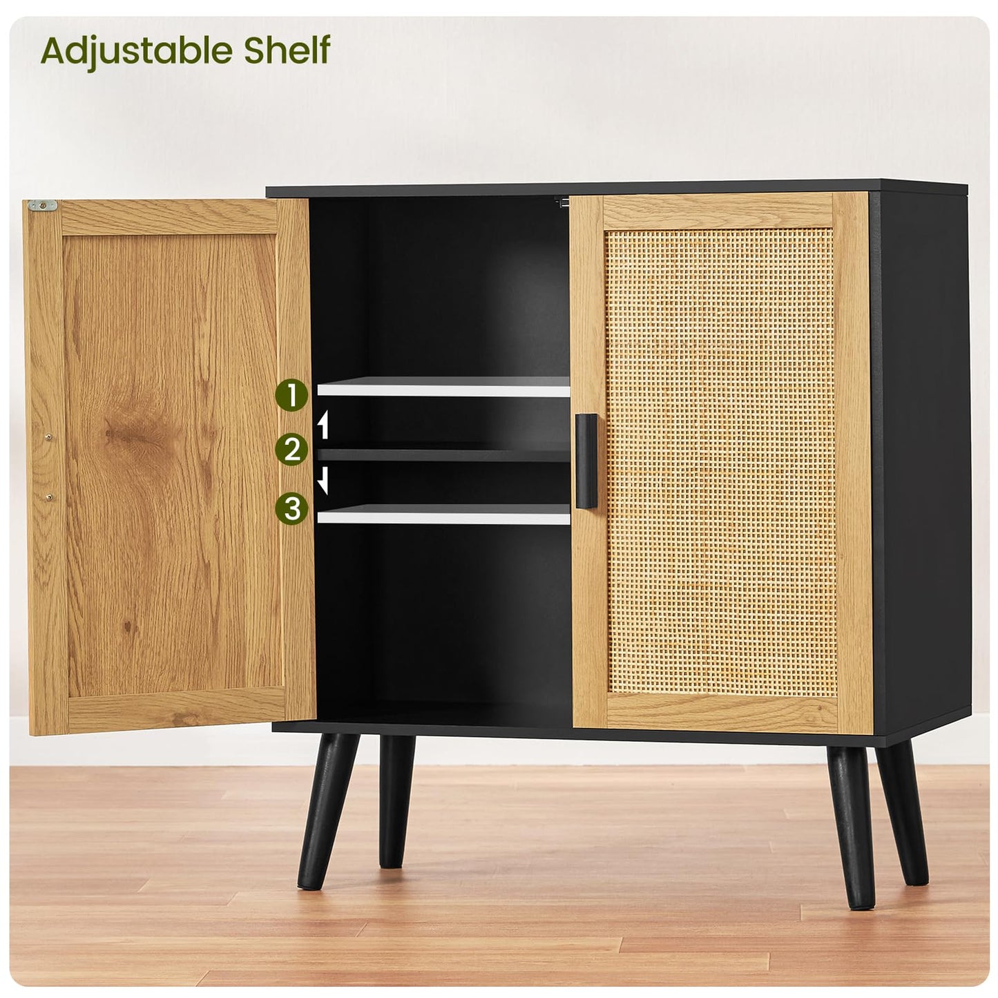 Iwell Storage Cabinet, Rattan Cabinet with Adjustable Shelf & Doors, Buffet Cabinet with Storage, Accent Cabinet for Living Room, Kitchen, Entryway, Natural+ Black