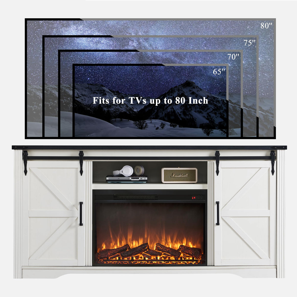 JXQTLINGMU Farmhouse Fireplace TV Stand for 80 Inch TV, 32" Tall Entertainment Center w/Drawer & Sliding Barn Door, 70 Inch Highboy Media Console for Living Room, Off White JXQTLINGMU