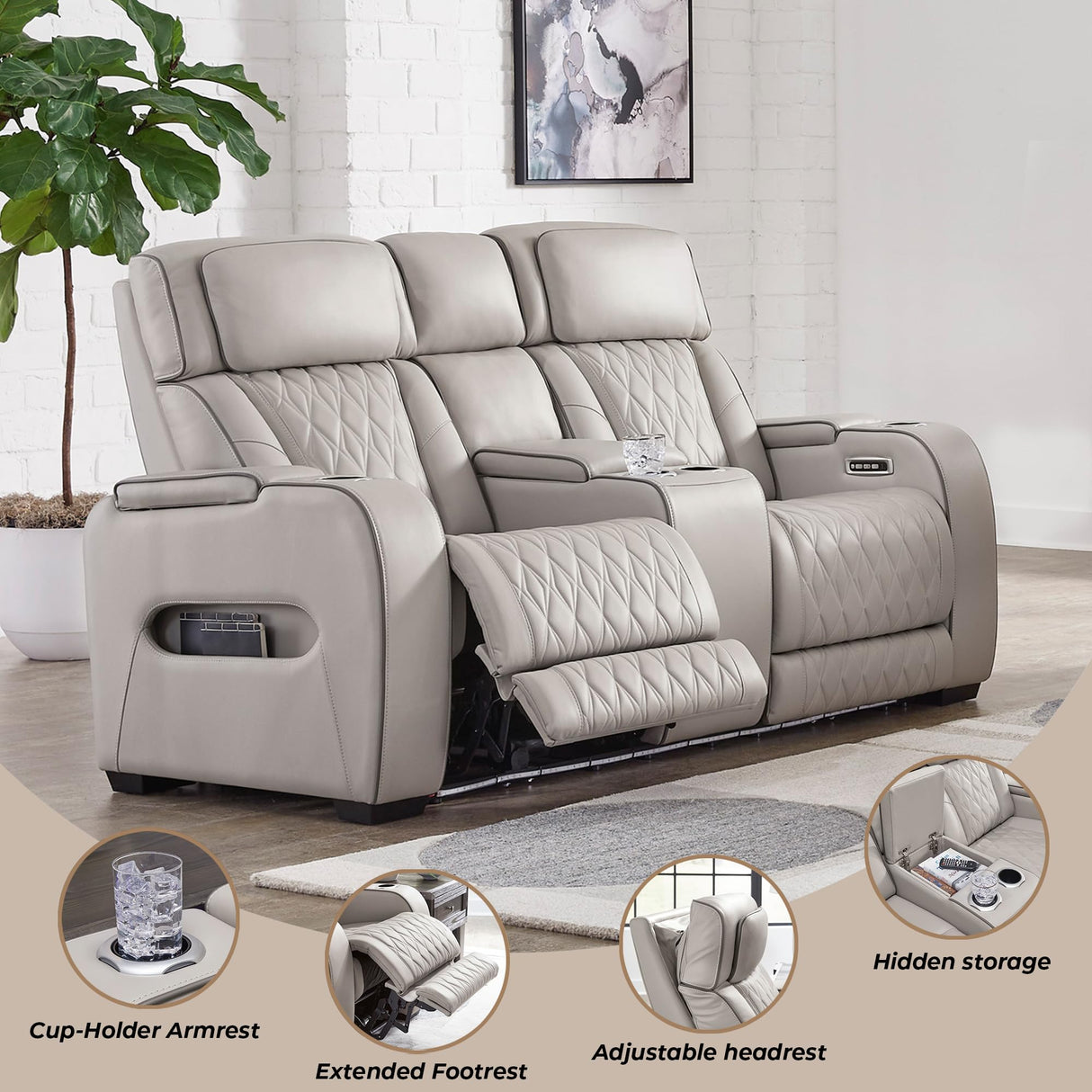 Signature Design by Ashley Boyington Contemporary Leather Match Power Reclining Loveseat with Console and USB Charging Ports, LED Lights and Adjustable Headrest, Light Gray Signature Design by Ashley