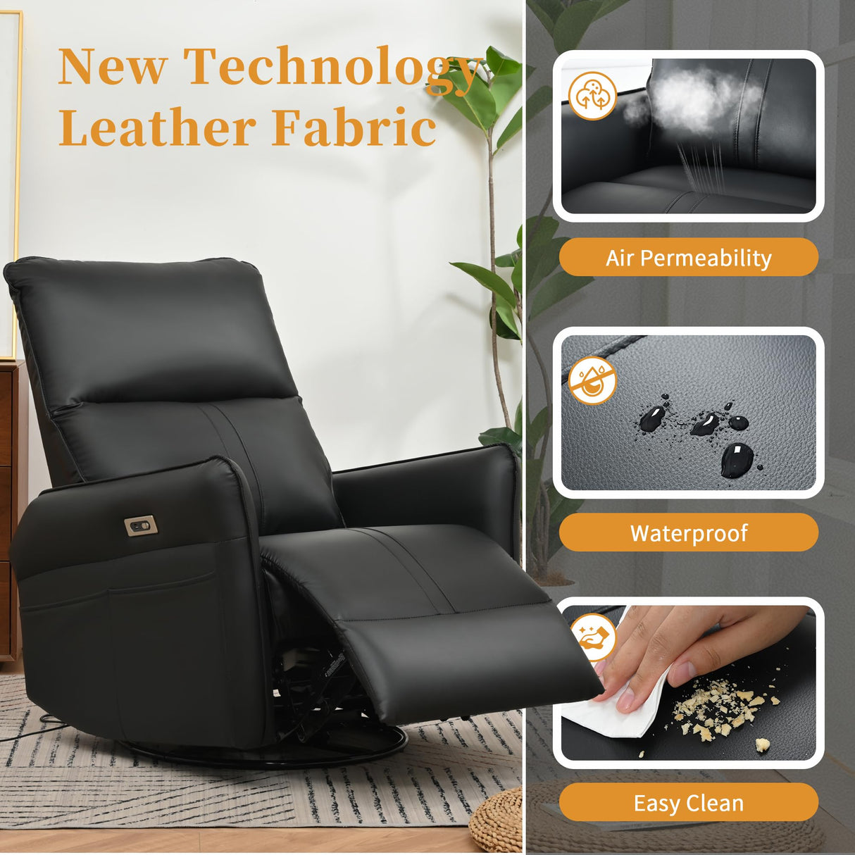 QKFF Power Swivel Rocker Recliner Chair for Nursery, Upholstered 270° Swivel Glider Chair with USB Ports, Power Recliners for Small Spaces Living Room QKFF