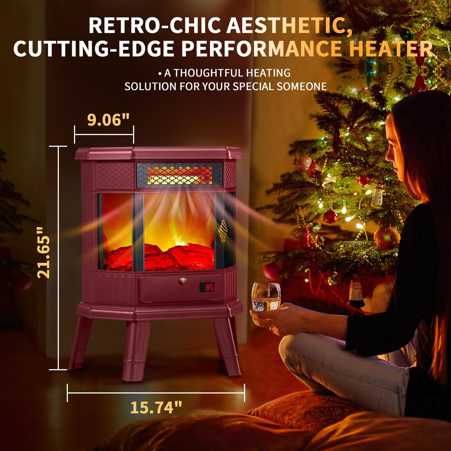 Electric Fireplace Heater 22 in Freestanding Fireplace Stove Infrared Fireplace RealSmart with 3D Flame Effect Remote Control, Timer, Overheating Protection Heater for Indoor Use Black (Christmas Red)