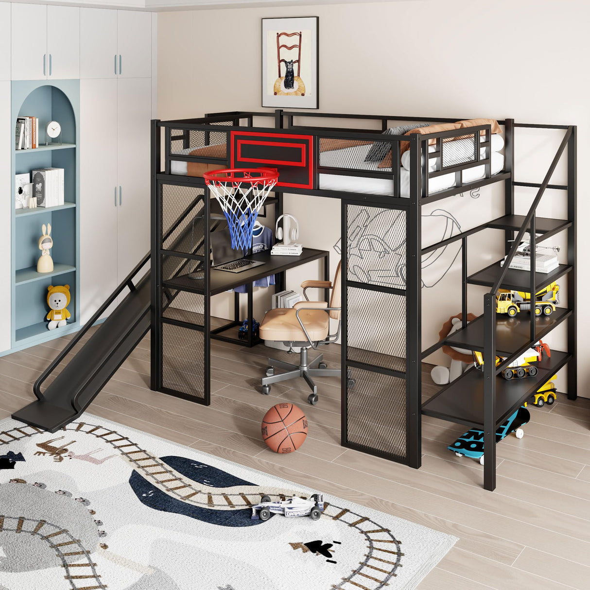 Polibi Full Size Metal Loft Bed with Built-in Desk,Open Wardrobe,Basketball Hoop,Slide and Staircase,Space-Saving Design for Small Rooms(Black) Polibi
