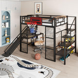 Polibi Full Size Metal Loft Bed with Built-in Desk,Open Wardrobe,Basketball Hoop,Slide and Staircase,Space-Saving Design for Small Rooms(Black) Polibi