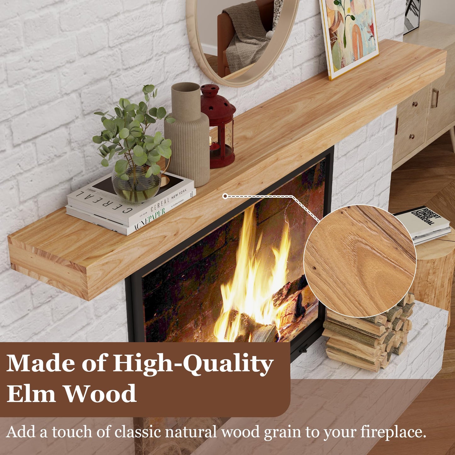 Axeman Fireplace Mantel | 72" W Elm Wood Floating Shelves | Handcrafted Hollow Distressed Beam | Wall Mounted Wooden Display Shelfing | with Invisible Heavy Duty Bracket | 72W x 3H x 8D