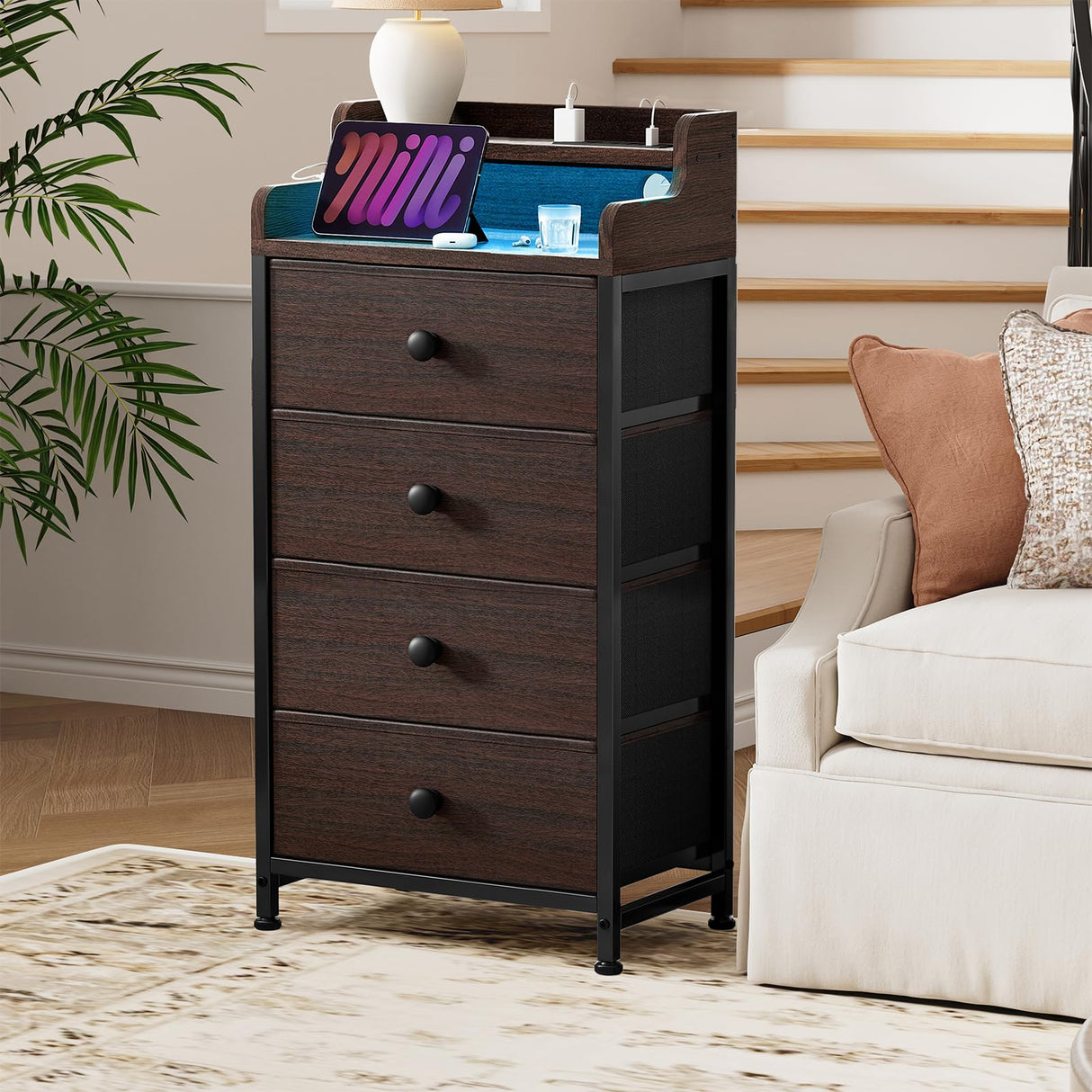 REAHOME Nightstand with Charging Station and LED Light, Tall Brown Night Stand with 4 Drawers and 2-Tier Shelf, Bedside Table with Sturdy Steel Frame Wood Top for Bedroom, Living Room - Brown REAHOME