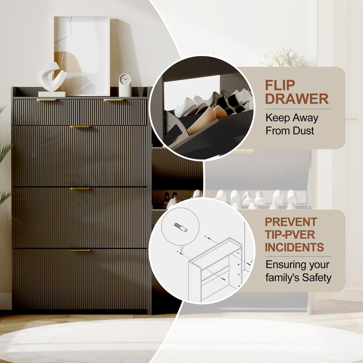 IDEALHOUSE Modern Black Shoe Cabinet with 3 Flip Drawers & 2 Small Drawers & Hook, Slim Fluted Shoe Storage Organizer, Narrow Entryway Cabinet for Apartment, Hallway, Entrance IDEALHOUSE