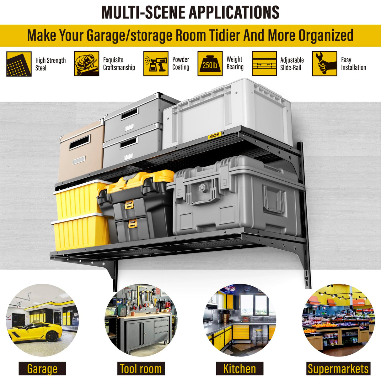 Aecxm 1pack×2 Tier 1.3x3ft Garage Shelving Wall Mounted, 400 lbs Load Capacity,15.6x36inch per Shelf Height Cassette Adjustable Floating Shelves, Black Aecxm