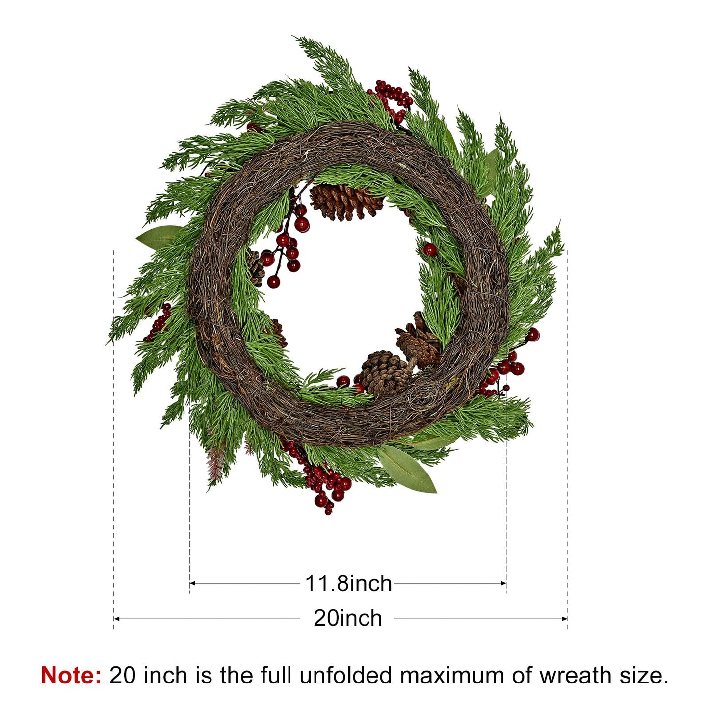 20 Inch Christmas Wreath with Pinecone Berries Christmas Decorations Front Door Wreath for Outdoor Indoor Party Wall Table Home Decor Brown Sign