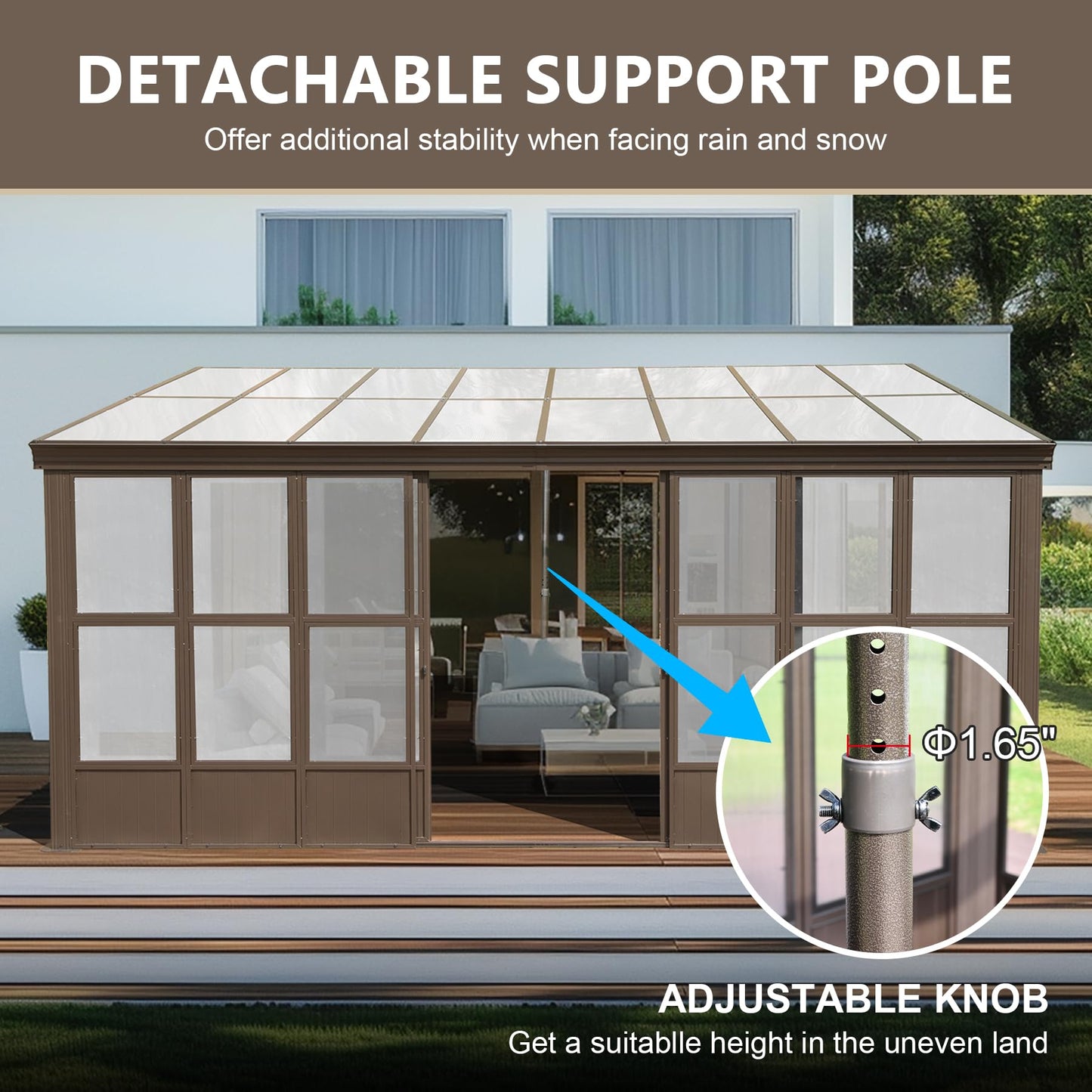 Domi Lean-to Sunroom 12x16FT, Wall Mounted Solarium with Sloping Polycarbonate Roof, Detachable Polycarbonate Screens, 2 Lockable Sliding Doors, Aluminum Gazebo Against Wall Sun Room for Patio Deck