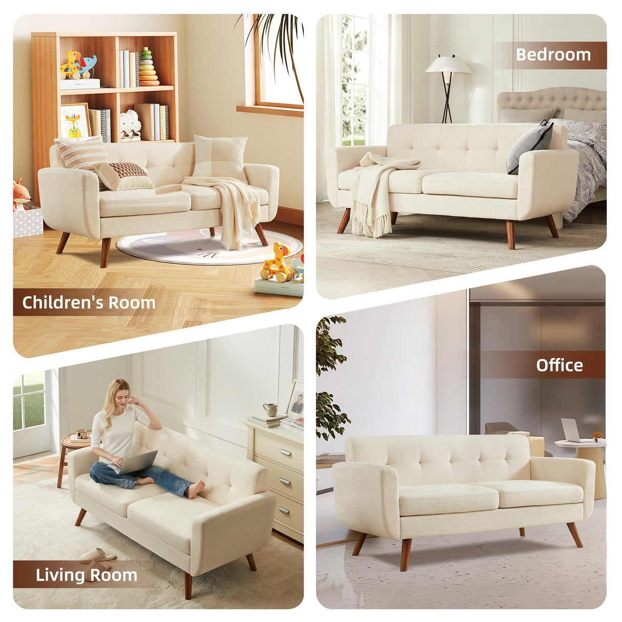 Tbfit 65" W Loveseat Sofa, Mid Century Modern Decor Love Seat Couches for Living Room, Button Tufted Upholstered Small Couch for Bedroom, Solid and Easy to Install Love Seats Furniture, Beige Tbfit