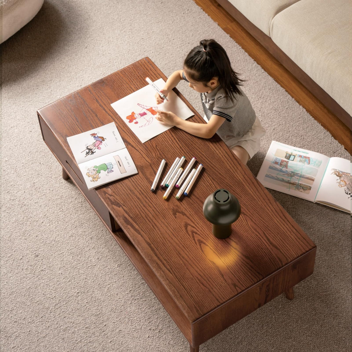 Vadisun 100% Solid Wood Coffee Table with Storage, Mid Century Modern Coffee Tables for Living Room, 39.37" W Coffee Table with 2 Drawers for Home (Oak Walnut Colour) Vadisun