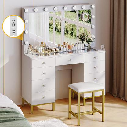 YITAHOME Vanity Desk Set with LED Lighted Mirror & Power Outlet, 14 Hollywood Bulbs Lighted 9 Drawers Makeup Vanities Dressing Table with Magnifying Glass Stool, White - WoodArtSupply