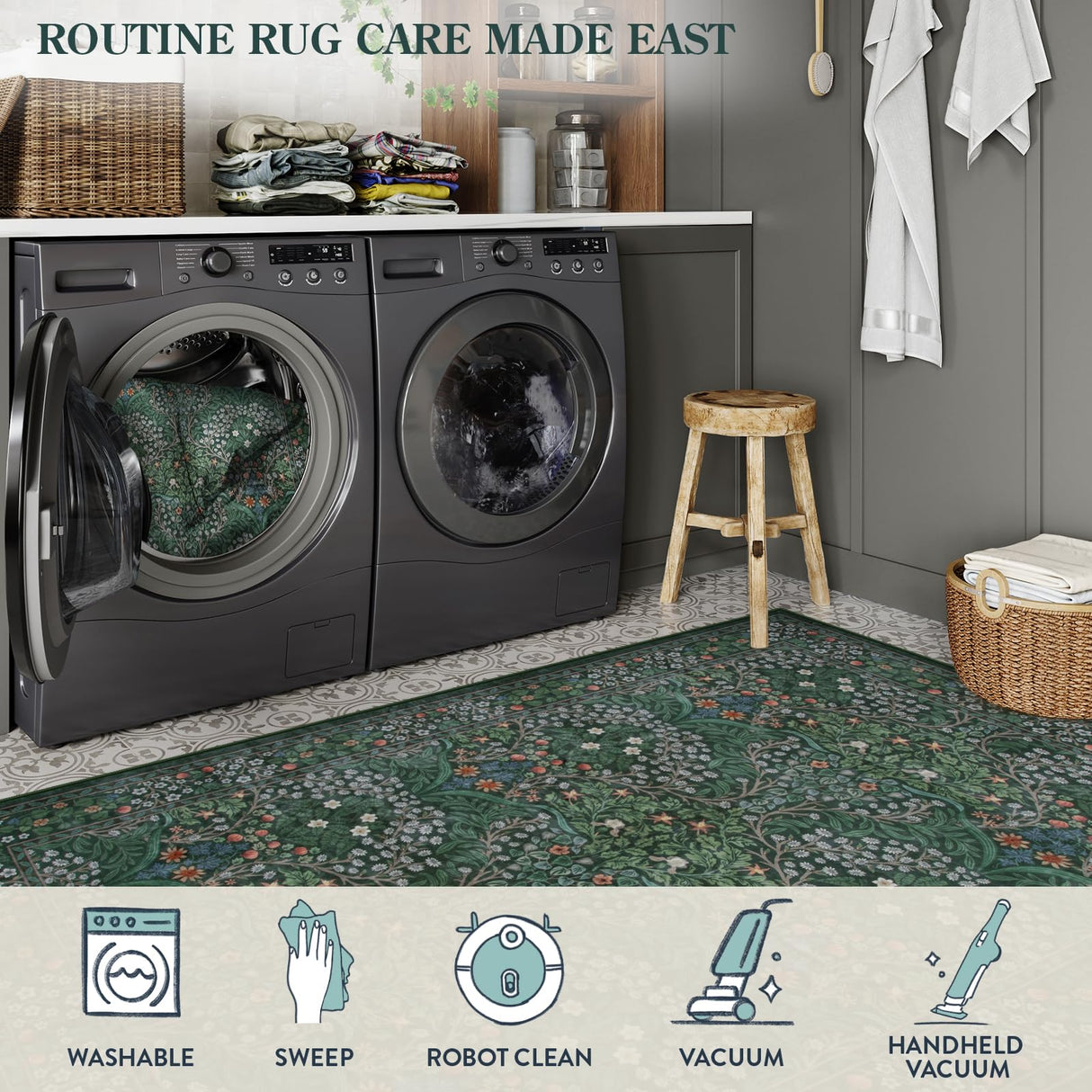 Lahome Floral Washable Rugs 5x7, Soft Green Rugs for Bedroom Living Room, Boho Non Slip Low Pile Forest Stain Resistance Large Throw Carpet for Farmhouse Dining Room Office, Dark Green Lahome