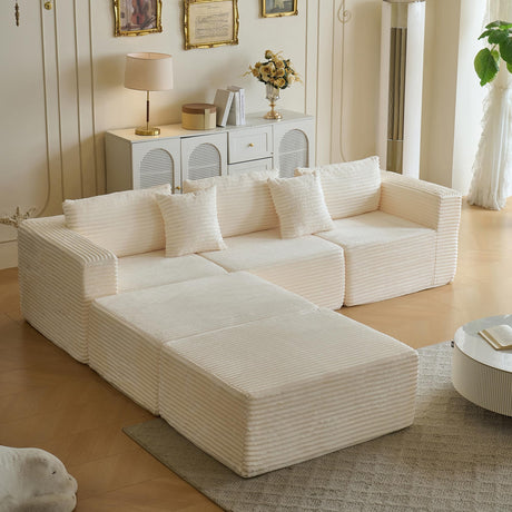 110" Modular Sectional Couch with 2 Movable Ottoman, Cloud Sofa Couches for Living Room, U Shaped Deep Seat Boneless Sofa,Luxury Corduroy Fabric, No Assembly Required White Veloflow