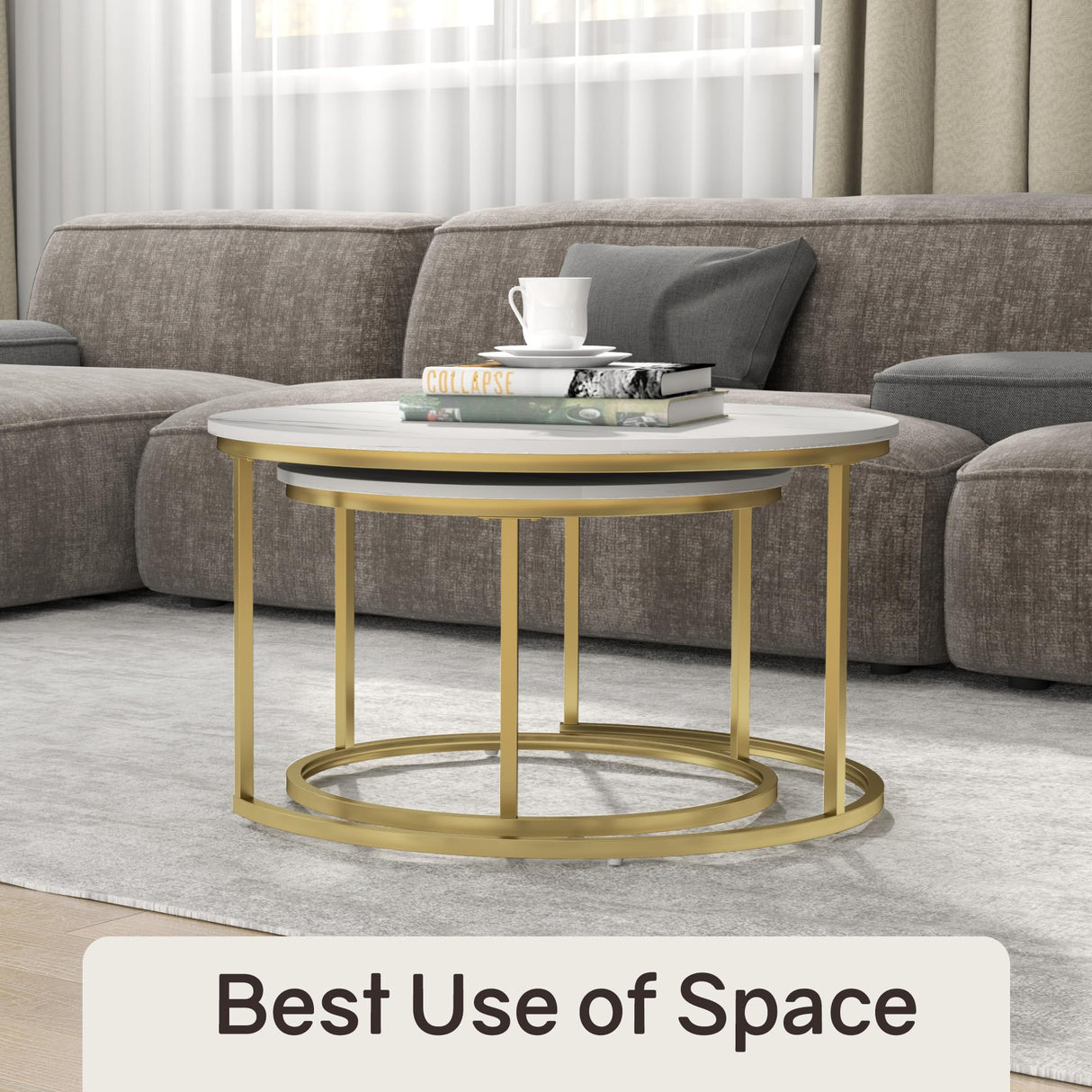 Otterease Nesting Tables Set of 2, 31.5" Round Coffee Table, Small Nesting Coffee Table with Adjustable Non-Slip Fee, White Marble Top Stack Nesting Tables Set of 2 for Living Room, Bedroom (White) Otterease