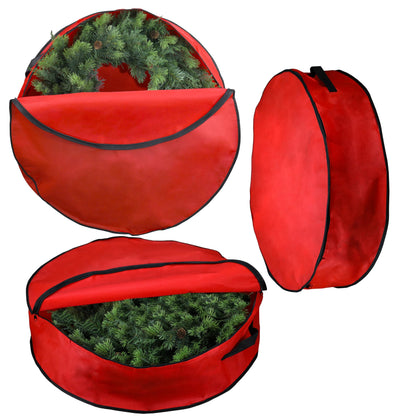 Iconikal 3-Pack Wreath Storage Bag with Handle 30-Inch Diameter Red Zippered Christmas Holiday Garland Organizer Tear-Resistant Protective Bulk Pack