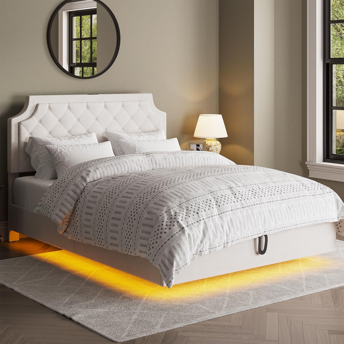 Elegant White Floating Full Size Bed Frame with Adjustable Headboard and Fast Charging Station - WoodArtSupply