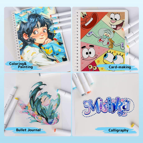 HOTU Alcohol Markers Brush Tip -60 Virant Colors Daul Tips Art Markers Set, for Artist Adults Coloring Illustrations, with Seamless Blending, Colorless Blender, Anti-Bleeding Pad, &Premium Ink HOTU