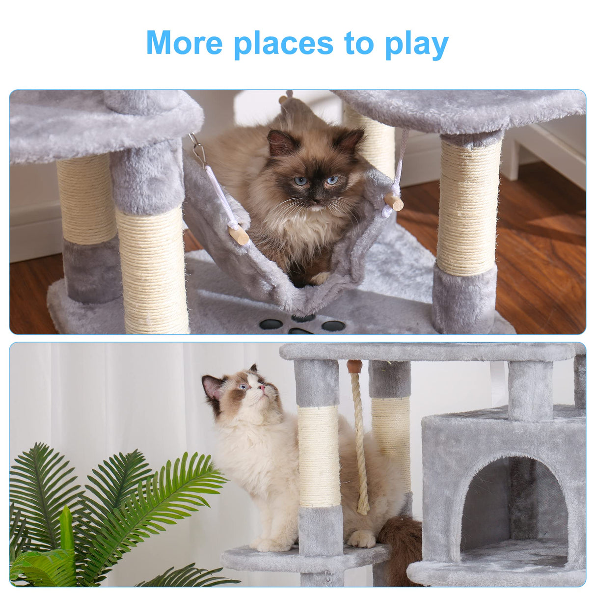 Hey-brother Multi-Level Cat Tree Condo Furniture with Sisal-Covered Scratching Posts, 2 Plush Condos, Perch Hammock for Kittens, Cats and Pets, Light Gray MPJ020-SW Hey-brother