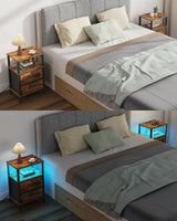 TUTOTAK LED End Table with Charging Station, Nightstand with Cloth Drawer, Side Table with Outlets, Set of 2, Couch Table, Brown TB01BB068 TUTOTAK