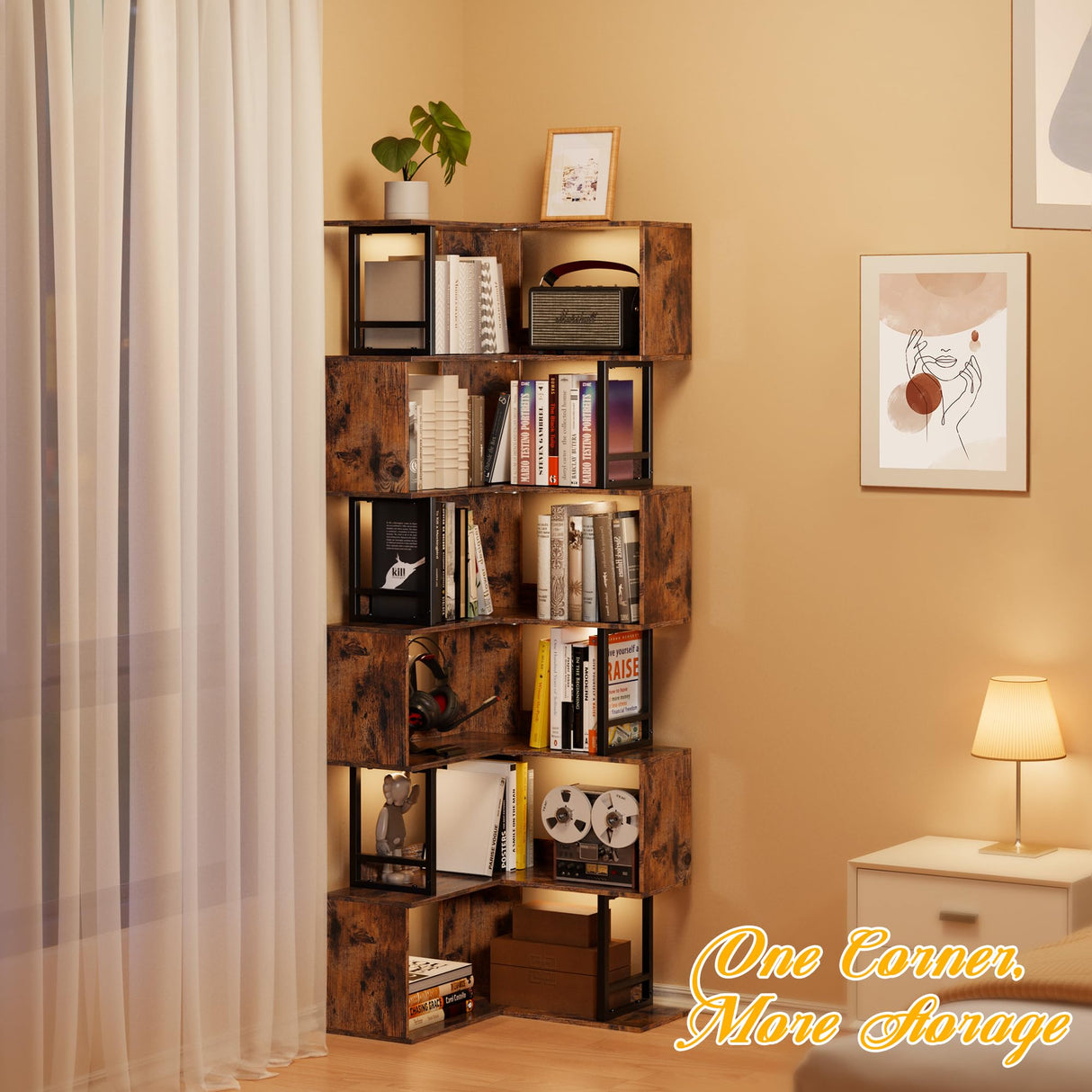 Decofy 7 Tier Corner Bookshelf, 70.86” Tall Corner Bookcase, Wood and Metal Industrial Storage Corner Shelf, Large Modern Display Storage Rack for Living Room Home Office - Brown Decofy