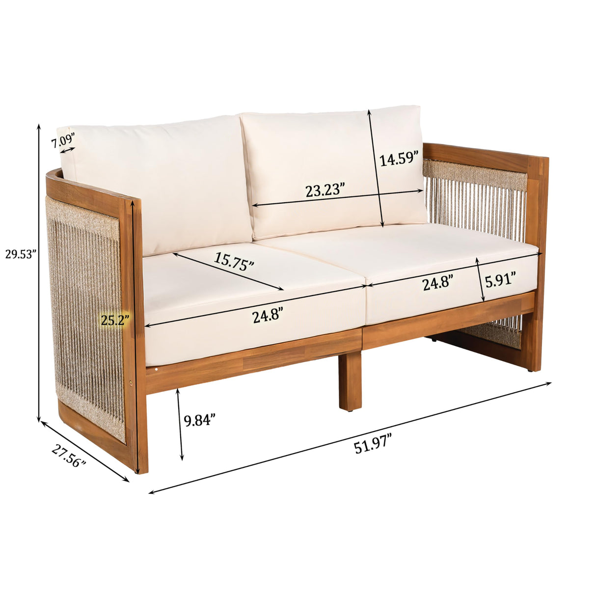 Merax 4-Piece Patio Premium Acacia Wood Outdoor Furniture Set,All Weather Curved Tub Design with Woven Rope Accents Loveseat Chairs and Table for Backyard, Balcony and Deck,Teak+ Beige Merax
