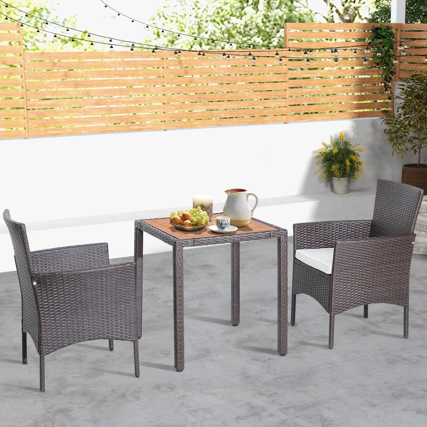 Tangkula 3 Pieces Patio Furniture Set, Outdoor Mix Brown Wicker Dining Set w/Acacia Wood Top Table, Comfortable Cushioned Chairs, Space-Saving Rattan Conversation Set for Garden, Backyard, Po - WoodArtSupply