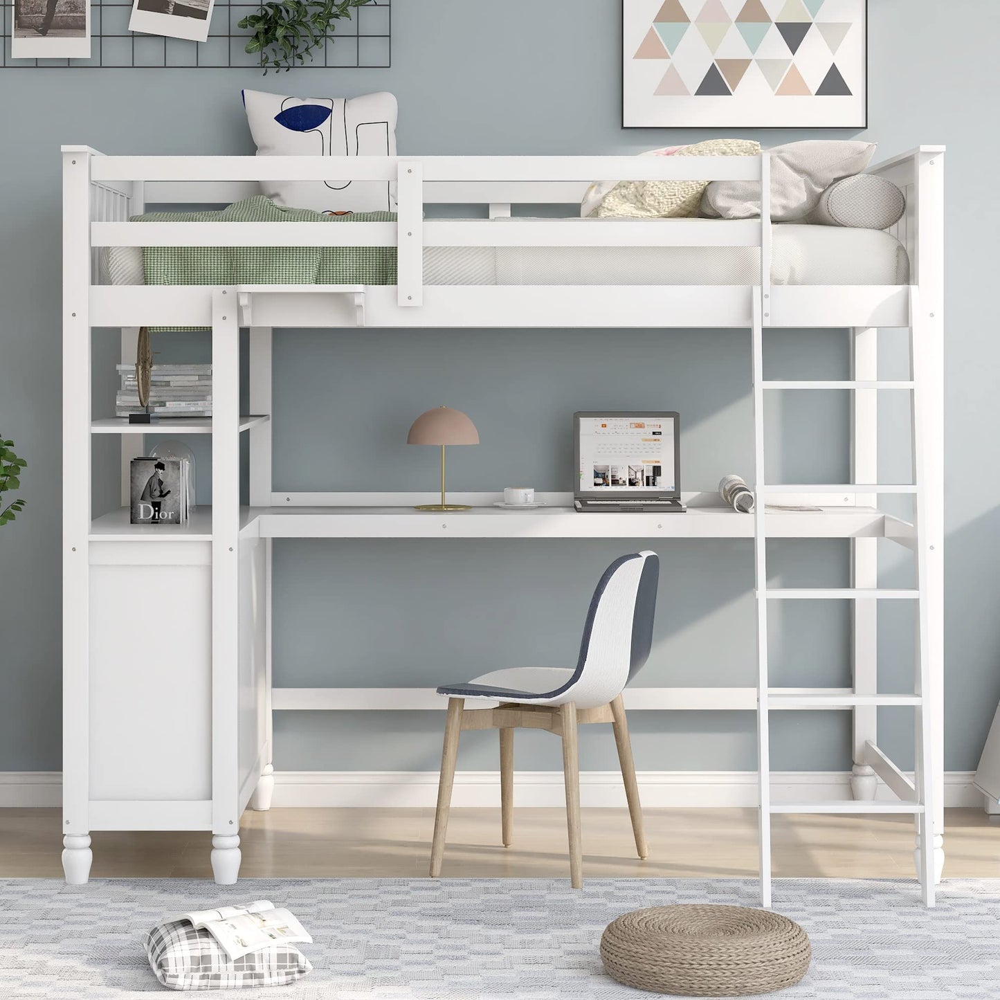 Twin Size Loft Bed with Desk and Storage by Harper & Bright Designs - Solid Wood Frame in White - WoodArtSupply