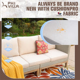 PHI VILLA 5-Piece Patio Wicker Furniture Set, Outdoor Sectional Rattan Cushion Sofa Couch Conversation Set with Ottoman, Acacia Wood Coffee Table for Poolside,Beige PHI VILLA