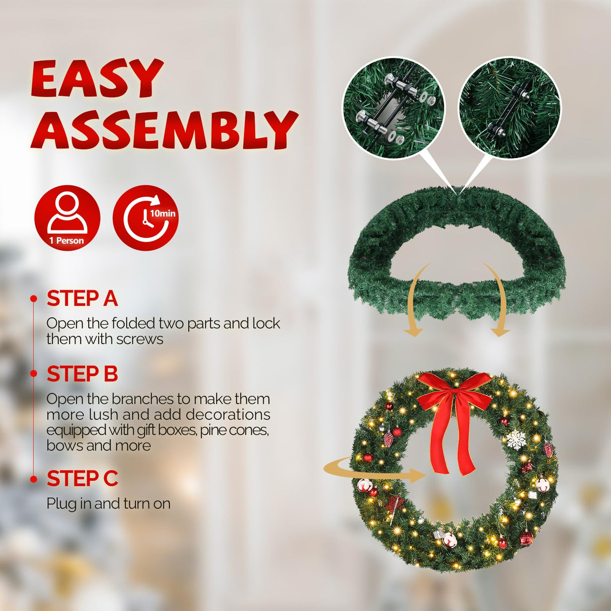 VINGLI 36 Inch Christmas Door Wreath Decorations with 100 Lights and 300 PVC Branches, Pre-lit Artificial Christmas Wreath for Front Door, Xmas Wreath w/Bow, Pine Cones, Ornaments (Plug-in) VINGLI